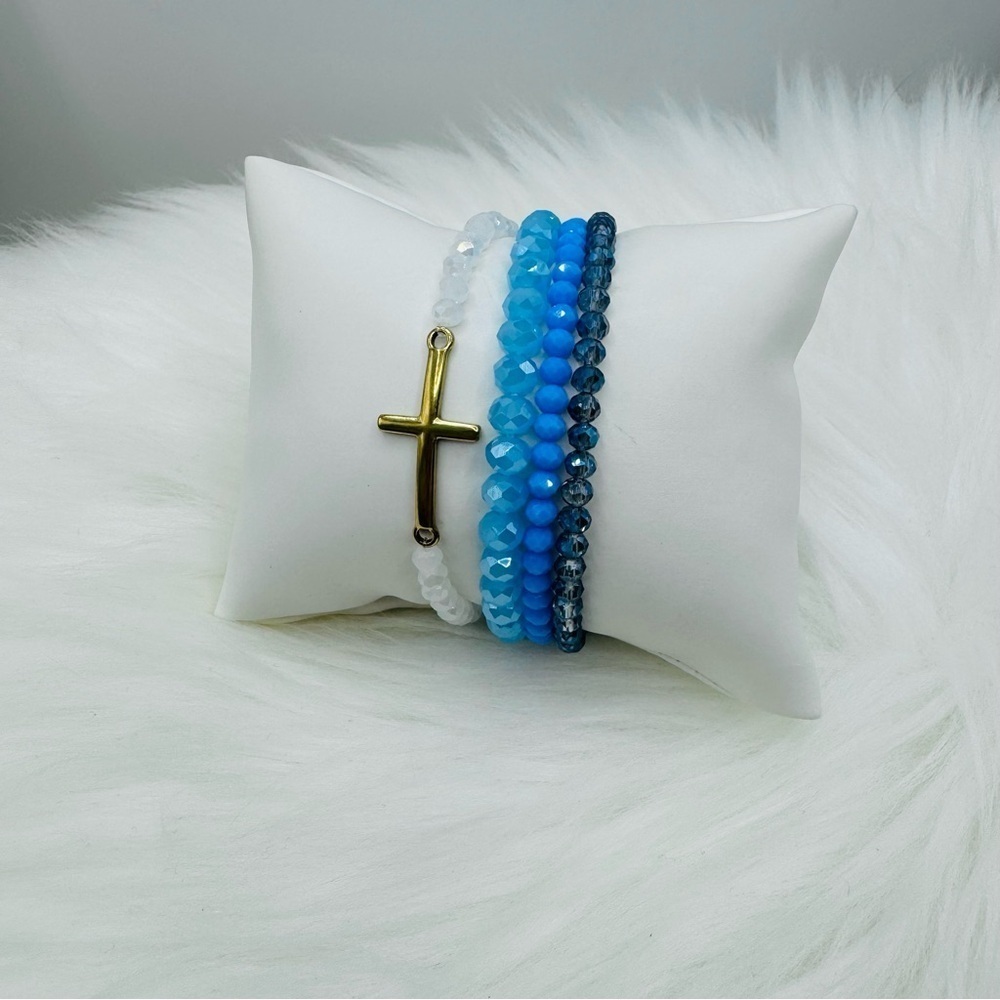 Stainless Steel Cross beaded Arm Candy Bracelet - Blue Sky Theme - Picture 4 of 8